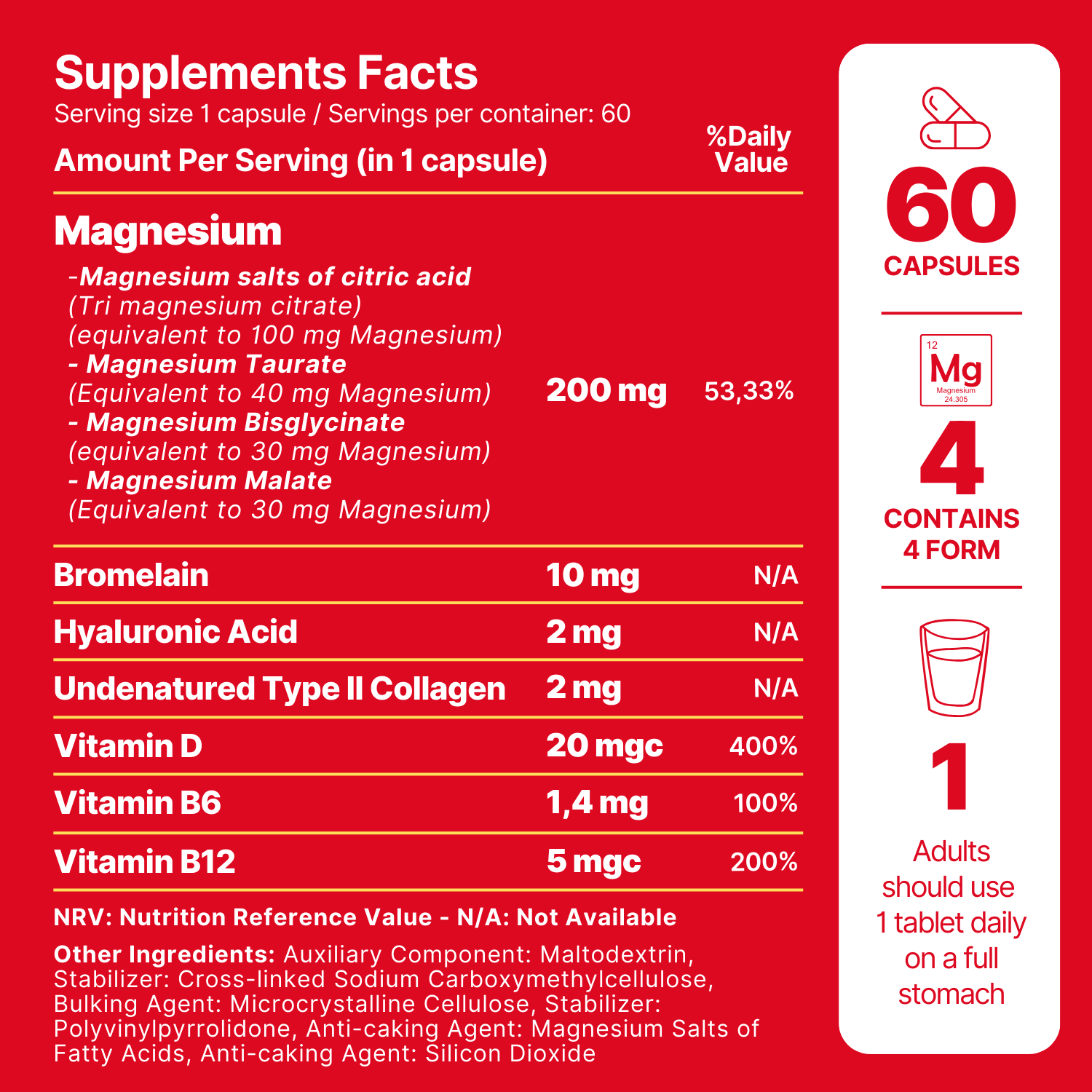 Magnesium x4 Forms (Malate, Citrate, Taurate, Bisglycinate) + Collagen, Vitamins and Mineral Complex