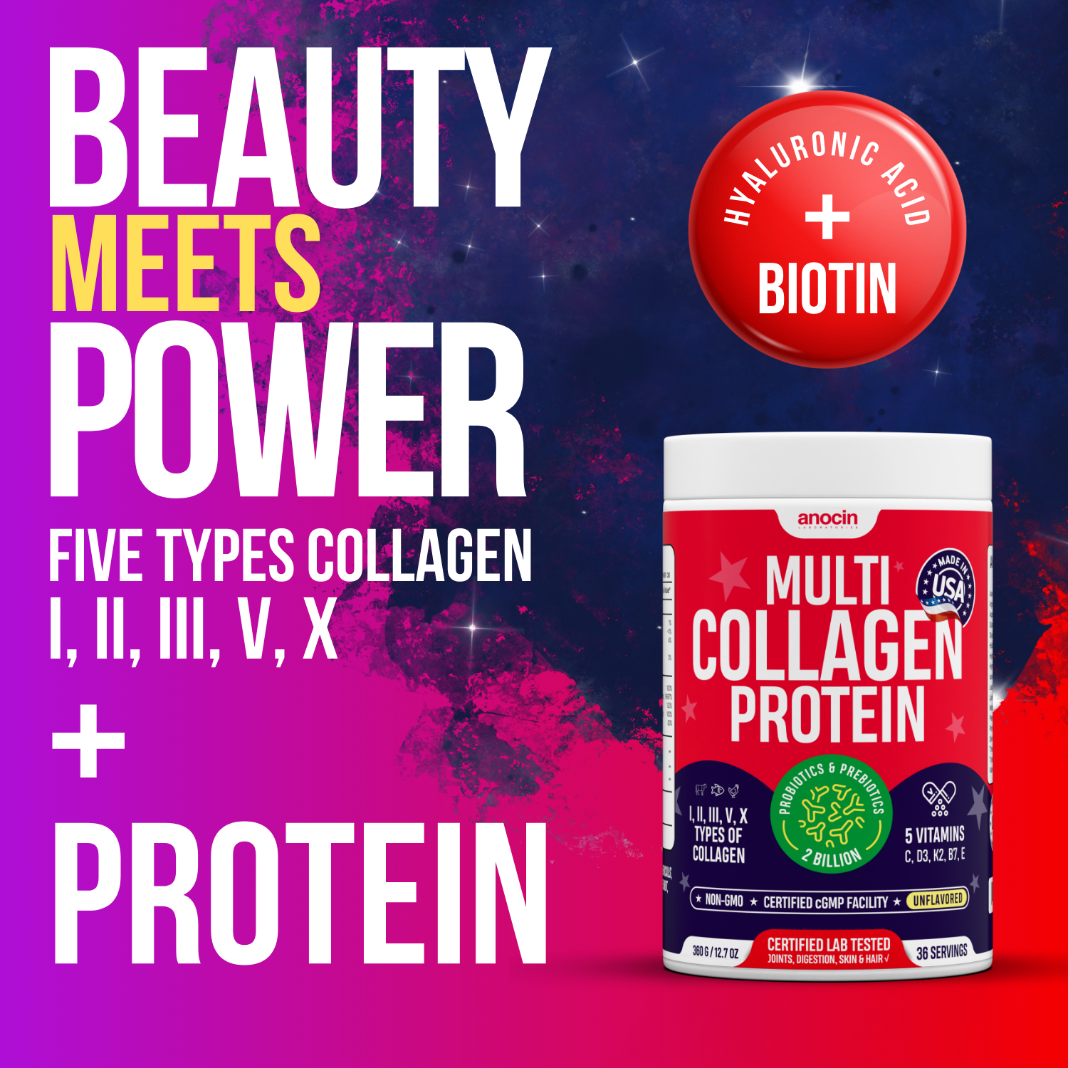 Multi Collagen Protein Peptides (Type I, II, III, V, X) + Vitamins + Pre-Preobiotics