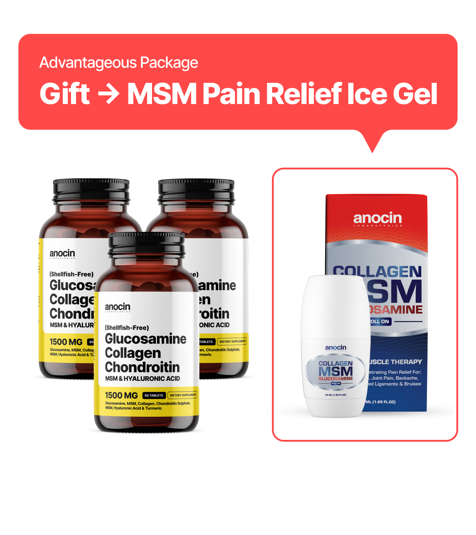 1500 mg Glucosamine, Collagen, Chondroitin, MSM, Hyaluronic Acid & Cur